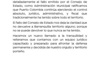AlcaldÃ­a de Puerto Colombia reafirma control sobre el Corredor Universitario tras fallo del Consejo de Estado